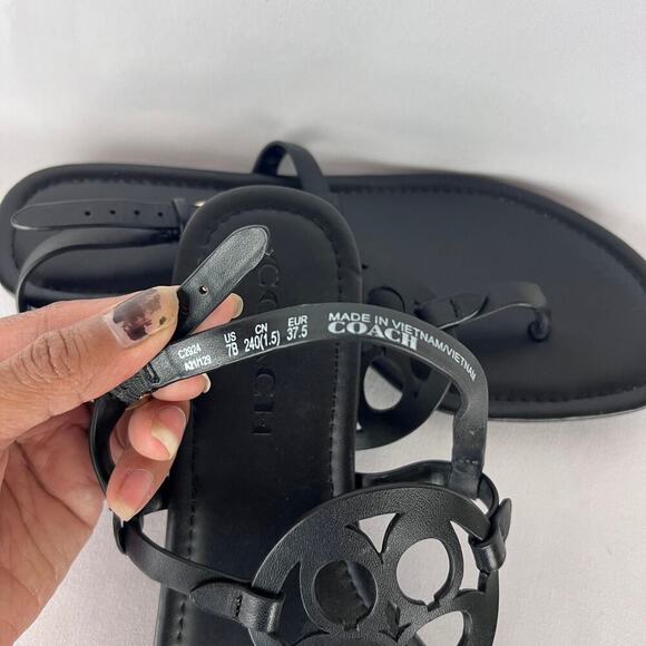 Coach Women's Flat Jaci Logo T-strap Sandals Slingback 7B Black Leather - Picture 3 of 7